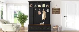 English Elm U-Can White MDF Entryway Hall Tree with Gold Hardware Bench Hooks and Drawer Storage Antique Black SJ000163AAB