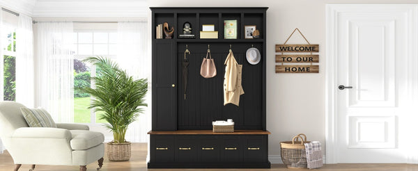 English Elm U-Can White MDF Entryway Hall Tree with Gold Hardware Bench Hooks and Drawer Storage Antique Black SJ000163AAB