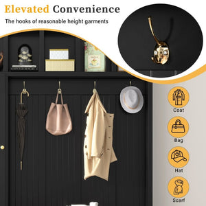 English Elm U-Can White MDF Entryway Hall Tree with Gold Hardware Bench Hooks and Drawer Storage Antique Black SJ000163AAB