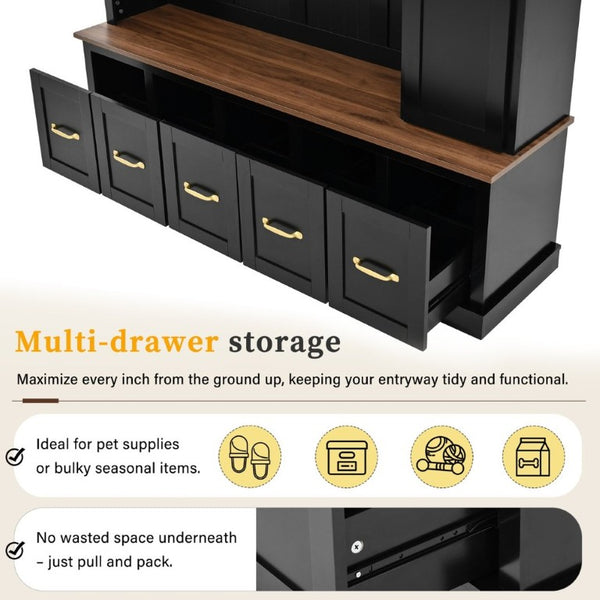 English Elm U-Can White MDF Entryway Hall Tree with Gold Hardware Bench Hooks and Drawer Storage Antique Black SJ000163AAB