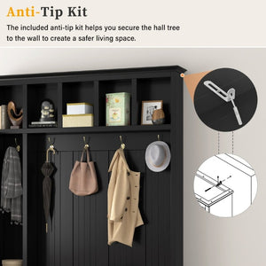 English Elm U-Can White MDF Entryway Hall Tree with Gold Hardware Bench Hooks and Drawer Storage Antique Black SJ000163AAB