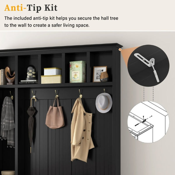 English Elm U-Can White MDF Entryway Hall Tree with Gold Hardware Bench Hooks and Drawer Storage Antique Black SJ000163AAB