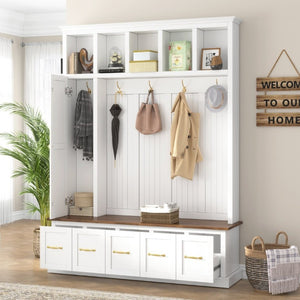 English Elm U-Can White MDF Entryway Hall Tree with Gold Hardware Bench Hooks and Drawer Storage Ancient White SJ000163AAK