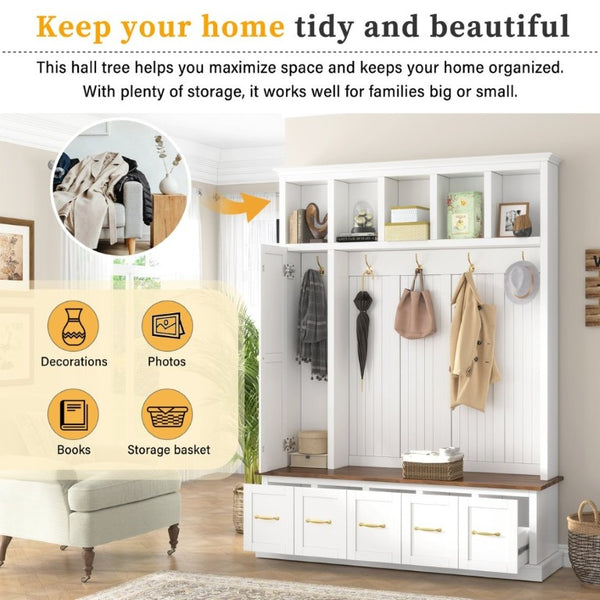 English Elm U-Can White MDF Entryway Hall Tree with Gold Hardware Bench Hooks and Drawer Storage Ancient White SJ000163AAK