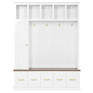 English Elm U-Can White MDF Entryway Hall Tree with Gold Hardware Bench Hooks and Drawer Storage Ancient White SJ000163AAK