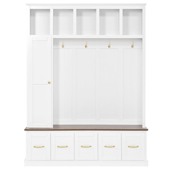English Elm U-Can White MDF Entryway Hall Tree with Gold Hardware Bench Hooks and Drawer Storage Ancient White SJ000163AAK