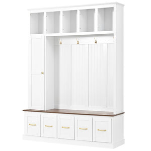English Elm U-Can White MDF Entryway Hall Tree with Gold Hardware Bench Hooks and Drawer Storage Ancient White SJ000163AAK