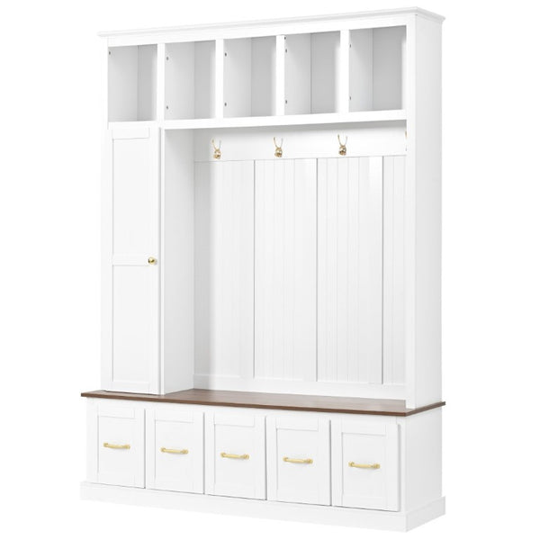English Elm U-Can White MDF Entryway Hall Tree with Gold Hardware Bench Hooks and Drawer Storage Ancient White SJ000163AAK