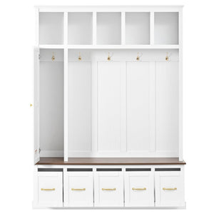 English Elm U-Can White MDF Entryway Hall Tree with Gold Hardware Bench Hooks and Drawer Storage Ancient White SJ000163AAK