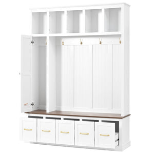 English Elm U-Can White MDF Entryway Hall Tree with Gold Hardware Bench Hooks and Drawer Storage Ancient White SJ000163AAK