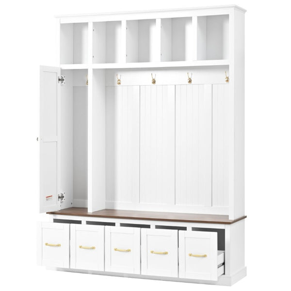 English Elm U-Can White MDF Entryway Hall Tree with Gold Hardware Bench Hooks and Drawer Storage Ancient White SJ000163AAK