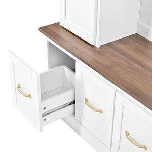 English Elm U-Can White MDF Entryway Hall Tree with Gold Hardware Bench Hooks and Drawer Storage Ancient White SJ000163AAK