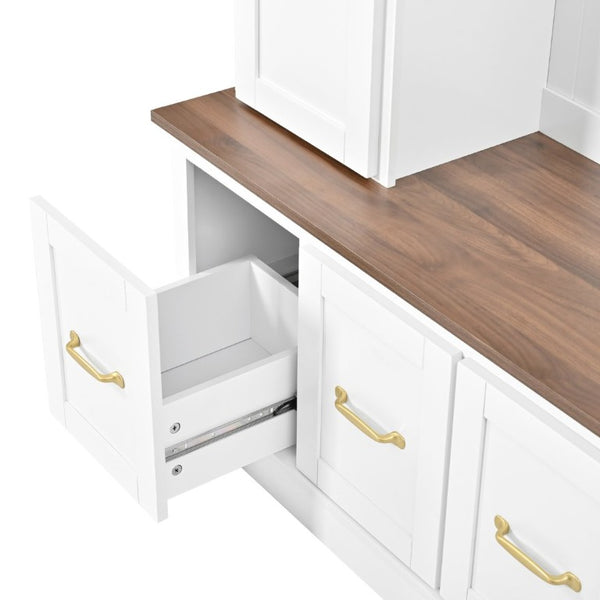 English Elm U-Can White MDF Entryway Hall Tree with Gold Hardware Bench Hooks and Drawer Storage Ancient White SJ000163AAK