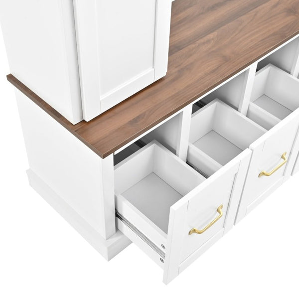 English Elm U-Can White MDF Entryway Hall Tree with Gold Hardware Bench Hooks and Drawer Storage Ancient White SJ000163AAK