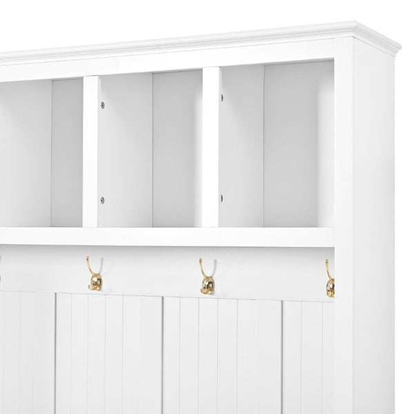 English Elm U-Can White MDF Entryway Hall Tree with Gold Hardware Bench Hooks and Drawer Storage Ancient White SJ000163AAK