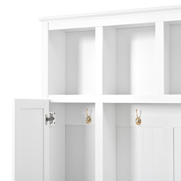 English Elm U-Can White MDF Entryway Hall Tree with Gold Hardware Bench Hooks and Drawer Storage Ancient White SJ000163AAK