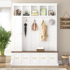 English Elm U-Can White MDF Entryway Hall Tree with Gold Hardware Bench Hooks and Drawer Storage Ancient White SJ000163AAK