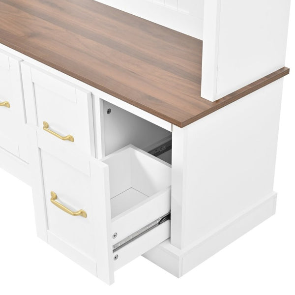English Elm U-Can White MDF Entryway Hall Tree with Gold Hardware Bench Hooks and Drawer Storage Ancient White SJ000163AAK