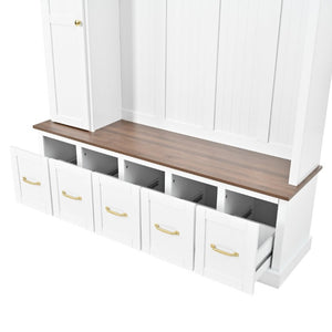 English Elm U-Can White MDF Entryway Hall Tree with Gold Hardware Bench Hooks and Drawer Storage Ancient White SJ000163AAK