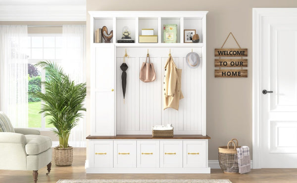 English Elm U-Can White MDF Entryway Hall Tree with Gold Hardware Bench Hooks and Drawer Storage Ancient White SJ000163AAK