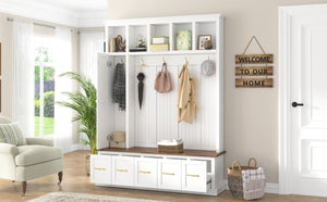 English Elm U-Can White MDF Entryway Hall Tree with Gold Hardware Bench Hooks and Drawer Storage Ancient White SJ000163AAK