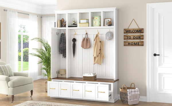 English Elm U-Can White MDF Entryway Hall Tree with Gold Hardware Bench Hooks and Drawer Storage Ancient White SJ000163AAK