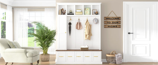 English Elm U-Can White MDF Entryway Hall Tree with Gold Hardware Bench Hooks and Drawer Storage Ancient White SJ000163AAK