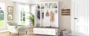 English Elm U-Can White MDF Entryway Hall Tree with Gold Hardware Bench Hooks and Drawer Storage Ancient White SJ000163AAK