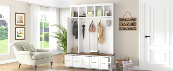 English Elm U-Can White MDF Entryway Hall Tree with Gold Hardware Bench Hooks and Drawer Storage Ancient White SJ000163AAK