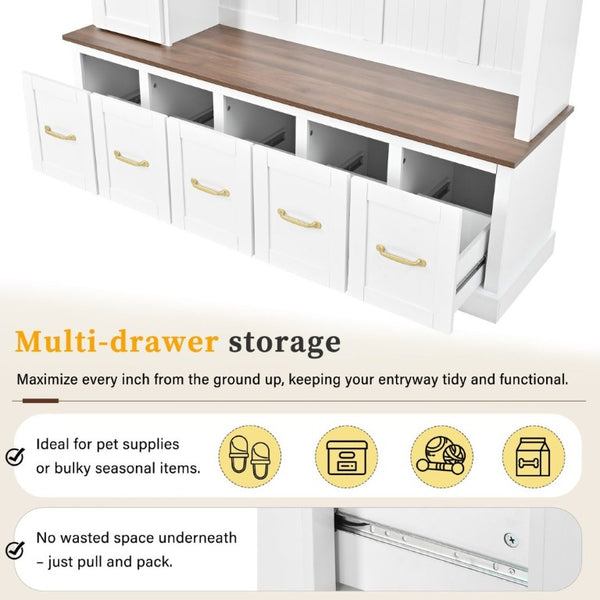 English Elm U-Can White MDF Entryway Hall Tree with Gold Hardware Bench Hooks and Drawer Storage Ancient White SJ000163AAK