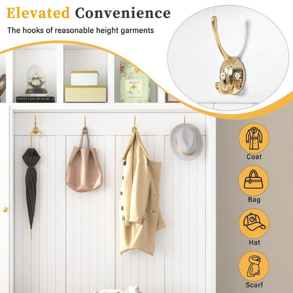 English Elm U-Can White MDF Entryway Hall Tree with Gold Hardware Bench Hooks and Drawer Storage Ancient White SJ000163AAK