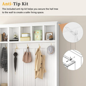 English Elm U-Can White MDF Entryway Hall Tree with Gold Hardware Bench Hooks and Drawer Storage Ancient White SJ000163AAK