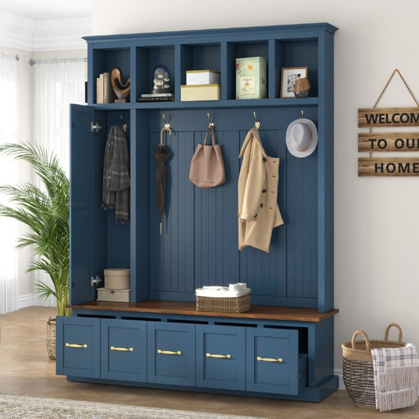 English Elm U-Can White MDF Entryway Hall Tree with Gold Hardware Bench Hooks and Drawer Storage Navy Blue SJ000163AAN