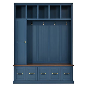 English Elm U-Can White MDF Entryway Hall Tree with Gold Hardware Bench Hooks and Drawer Storage Navy Blue SJ000163AAN