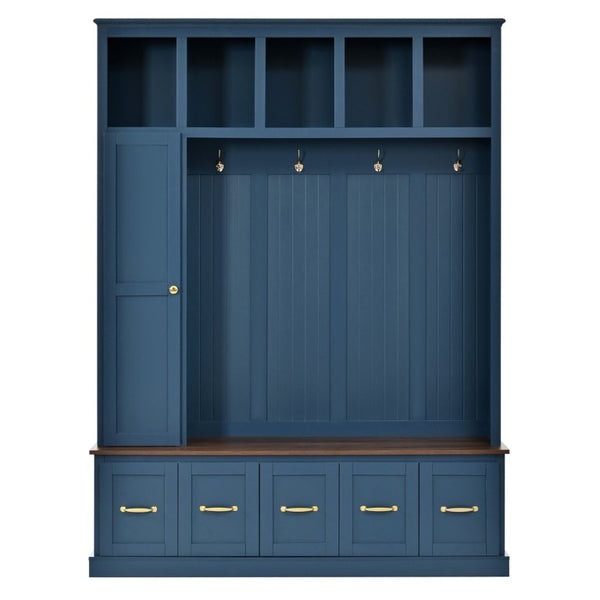 English Elm U-Can White MDF Entryway Hall Tree with Gold Hardware Bench Hooks and Drawer Storage Navy Blue SJ000163AAN