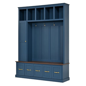 English Elm U-Can White MDF Entryway Hall Tree with Gold Hardware Bench Hooks and Drawer Storage Navy Blue SJ000163AAN