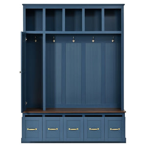 English Elm U-Can White MDF Entryway Hall Tree with Gold Hardware Bench Hooks and Drawer Storage Navy Blue SJ000163AAN