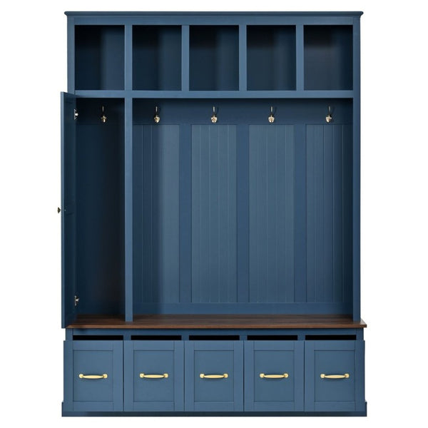 English Elm U-Can White MDF Entryway Hall Tree with Gold Hardware Bench Hooks and Drawer Storage Navy Blue SJ000163AAN