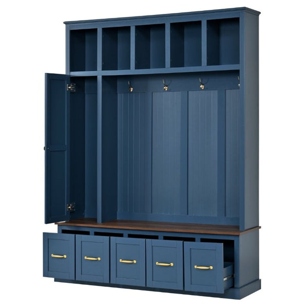English Elm U-Can White MDF Entryway Hall Tree with Gold Hardware Bench Hooks and Drawer Storage Navy Blue SJ000163AAN