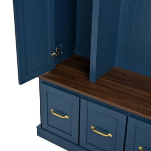 English Elm U-Can White MDF Entryway Hall Tree with Gold Hardware Bench Hooks and Drawer Storage Navy Blue SJ000163AAN