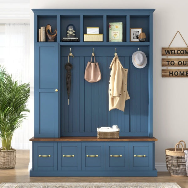 English Elm U-Can White MDF Entryway Hall Tree with Gold Hardware Bench Hooks and Drawer Storage Navy Blue SJ000163AAN