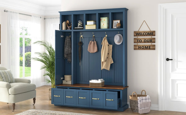 English Elm U-Can White MDF Entryway Hall Tree with Gold Hardware Bench Hooks and Drawer Storage Navy Blue SJ000163AAN