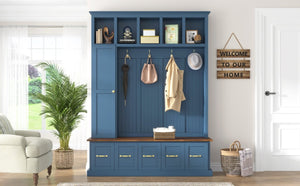 English Elm U-Can White MDF Entryway Hall Tree with Gold Hardware Bench Hooks and Drawer Storage Navy Blue SJ000163AAN