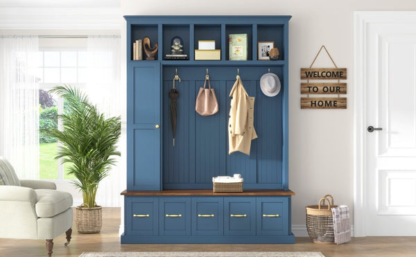 English Elm U-Can White MDF Entryway Hall Tree with Gold Hardware Bench Hooks and Drawer Storage Navy Blue SJ000163AAN