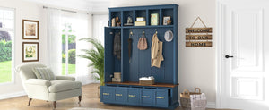 English Elm U-Can White MDF Entryway Hall Tree with Gold Hardware Bench Hooks and Drawer Storage Navy Blue SJ000163AAN