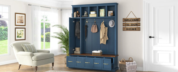 English Elm U-Can White MDF Entryway Hall Tree with Gold Hardware Bench Hooks and Drawer Storage Navy Blue SJ000163AAN