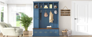 English Elm U-Can White MDF Entryway Hall Tree with Gold Hardware Bench Hooks and Drawer Storage Navy Blue SJ000163AAN