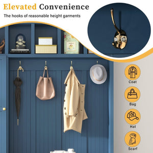English Elm U-Can White MDF Entryway Hall Tree with Gold Hardware Bench Hooks and Drawer Storage Navy Blue SJ000163AAN