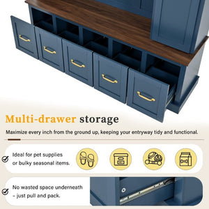 English Elm U-Can White MDF Entryway Hall Tree with Gold Hardware Bench Hooks and Drawer Storage Navy Blue SJ000163AAN