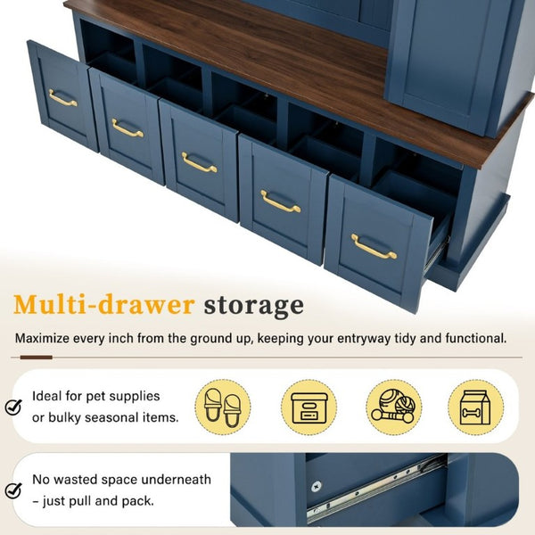 English Elm U-Can White MDF Entryway Hall Tree with Gold Hardware Bench Hooks and Drawer Storage Navy Blue SJ000163AAN